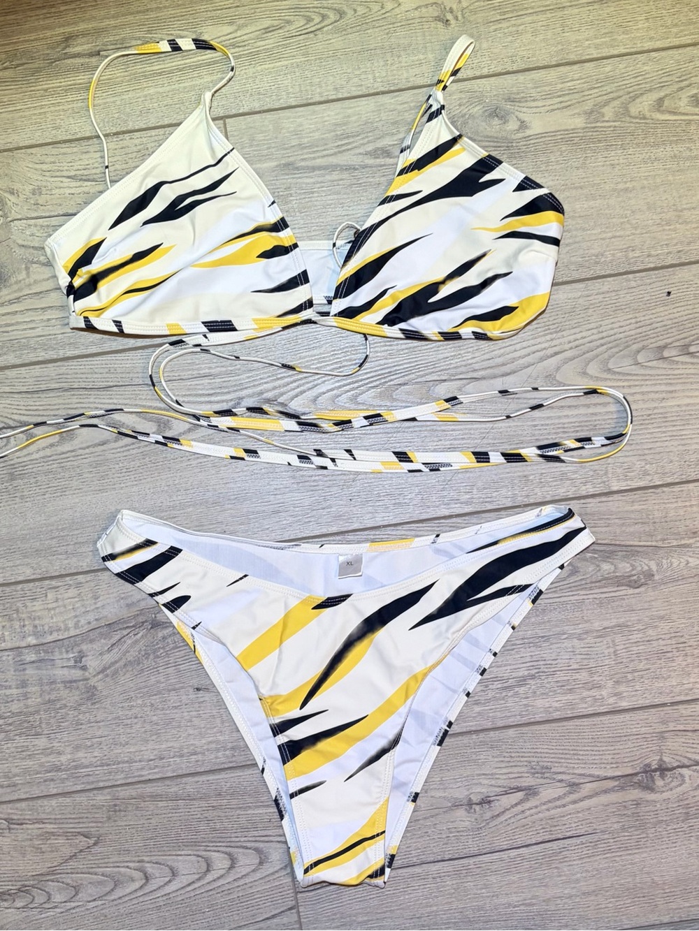 Super Sexy White Yellow & Black Printed String Bikini With Wrappable Ties. XL